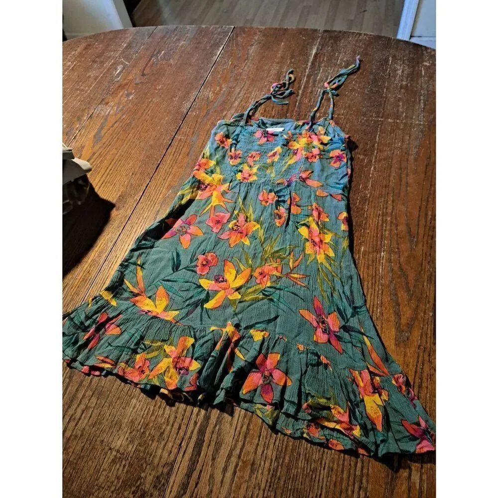 Small Tie Spaghetti Strap Shirred Back Floral Tropical Rayon Dress Sundress
